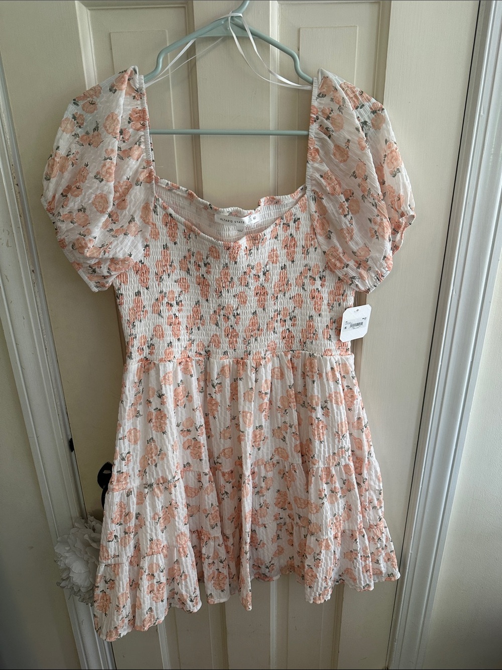 Peach Floral Smocked Puff-Sleeve Dress